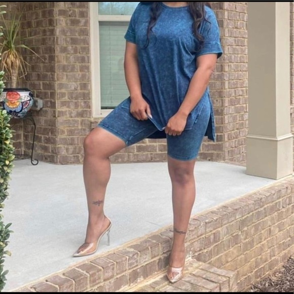 Biker short set. Mineral washed aqua blue. Small - Picture 2 of 4